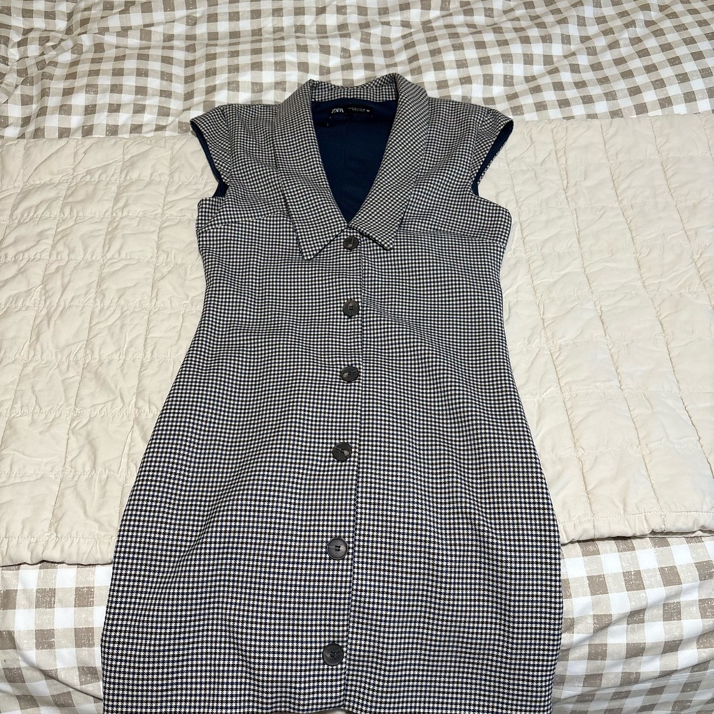 Zara Blue and Brown Houndstooth Mini Dress
